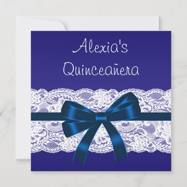 Convite Azul Real Renda Branca Quinceanera (Frente)