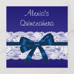Convite Azul Real Renda Branca Quinceanera