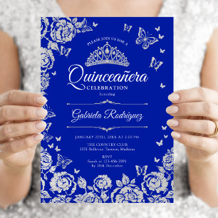 Convite Azul Real Rosas Prateadas Borboletas Quinceanera