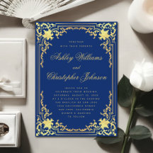Azul Real Vintage Casamento Dourado Falso Elegante