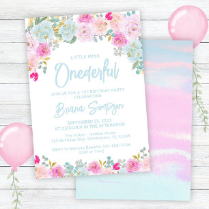 Convite Azul Rosa Flor de Pêssego Onederful Aniversário