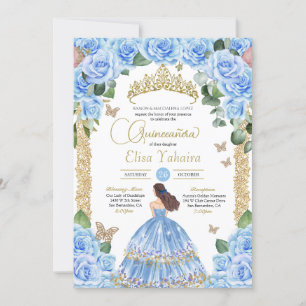Convite Azul Rosa Floral Dourada Borboleta Quinceanera