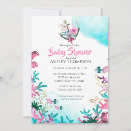 Convite Azul rosa moderno sob o Chá de fraldas do mar