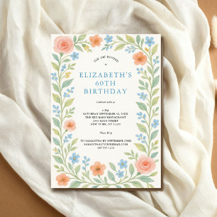 Convite Azul Rosa Poeira Azul Floral Aquarela 60º