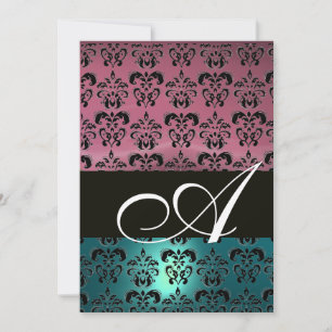 Convite AZUL ROSA PRETO DAMASCO MONOGRAMA, branco brilhant