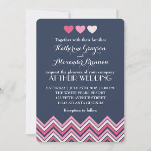 Convite Azul, Rosa Quente, Chevron Invitation Love