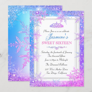 Convite Azul Rosa Roxo para Festa Sweet 16 no Inve