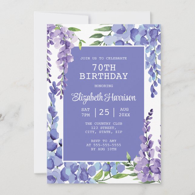 Convite Azul-roxa Wisteria Floral 70 Birthday (Frente)
