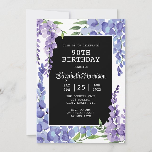 Convite Azul-roxa Wisteria Floral 90 Birthday (Frente)