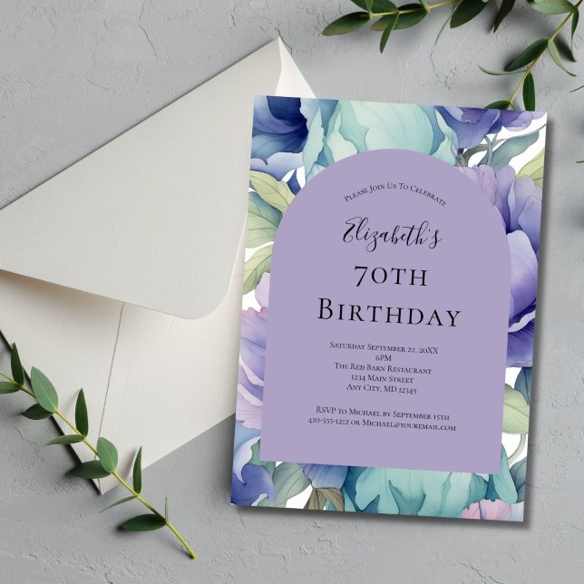 Convite Azul Roxo 70 Floral Azul Aniversário Para Ela (Purple Blue Green Watercolor Floral Arch 70th birthday ( or any year ) invitation. Printed or Digita)