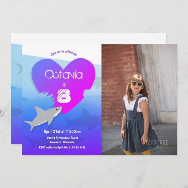 Convite Azul Roxo de Foto de Festa de aniversário  (Frente/Verso)