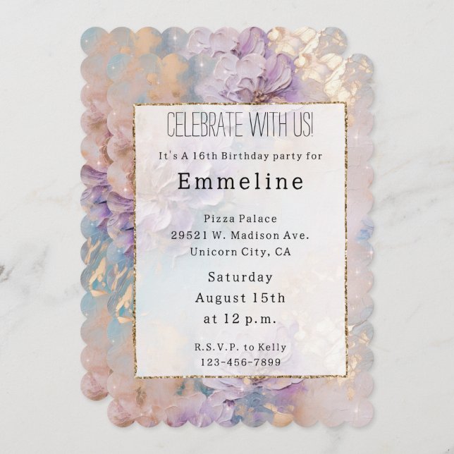 Convite Azul Roxo Feminino e Dourado Floral (Frente/Verso)