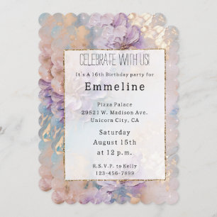 Convite Azul Roxo Feminino e Dourado Floral