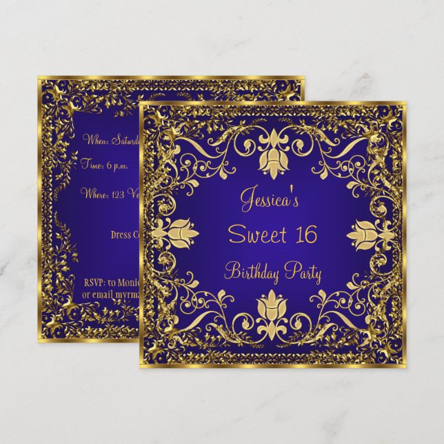 Convite Azul Royal Dourado Elegante Sweet 16 (Frente/Verso)