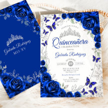 Azul Royal Floral de Prata Quinceanera