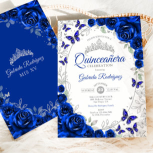 Convite Azul Royal Floral de Prata Quinceanera