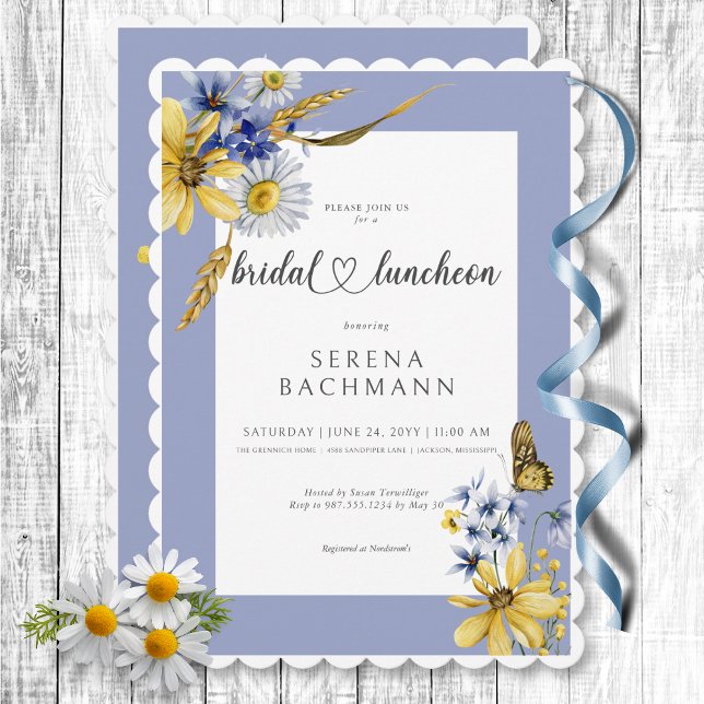 Convite Azul Russo e Flores Selvagens Amarelas Bridal Lunc (Rustic Blue & Yellow Wildflowers Bridal Luncheon Invitation)