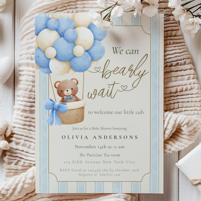 Convite Azul Rústico Mal Podemos Esperar Chamada de Bebê (Rustic Blue We can Bearly Wait Baby Shower Invitation)