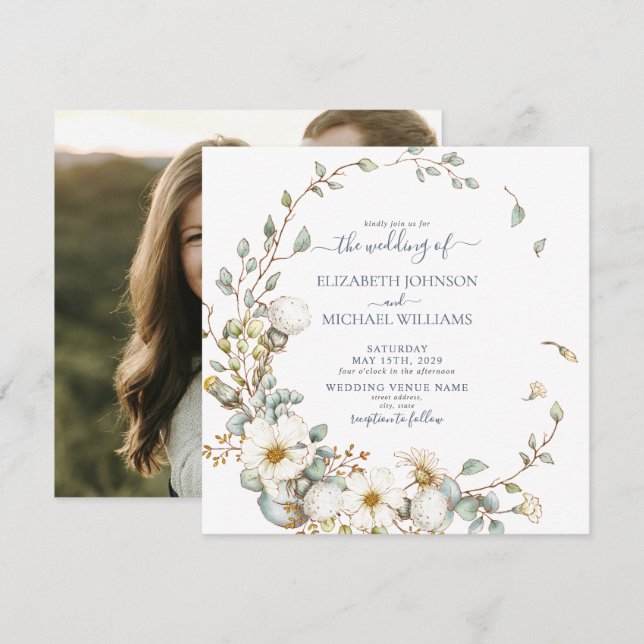 Convite Azul Rústico Quadrado e Foto Botânica de Creme (Frente/Verso)