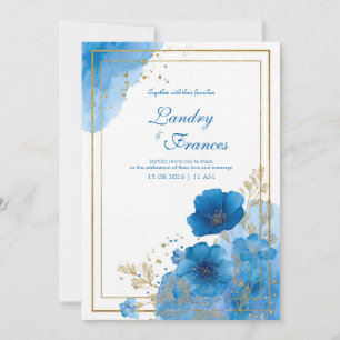 Convite Azul Safira Profundo Floral Aquarela com Folha de