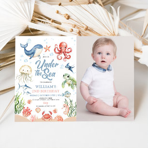 Convite Azul Sob o Mar Oceano Animal Foto Aniversário