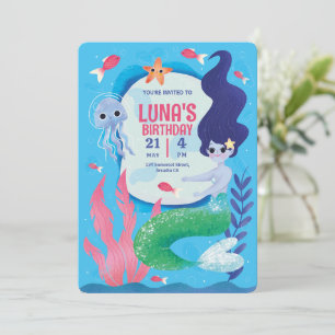 Convite Azul Sob O Mar, Sereia Azul Aniversário