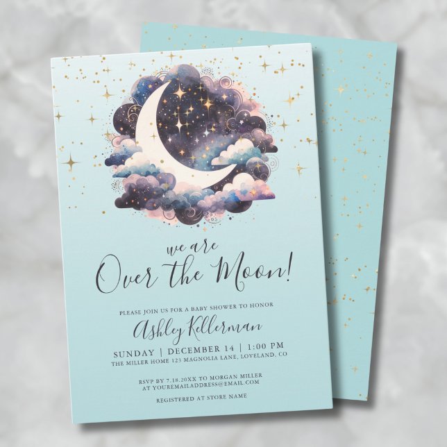 Convite Azul Sobre O Chá de fraldas Da Lua (Blue Over The Moon Baby Shower Invitation)