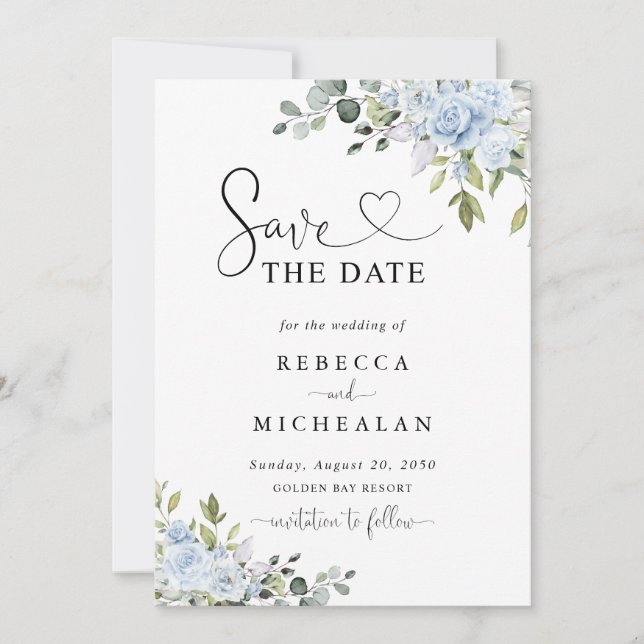 Convite Azul Suave Botânico de Casamento Save The Date (Frente)