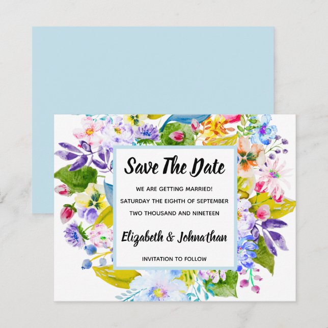 Convite Azul Suave Floral Romântico Salve A Data (Frente/Verso)