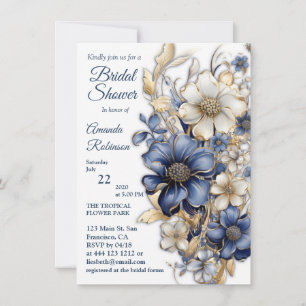 Convite Azul Suave, Flores Brancas & Etchas Douradas