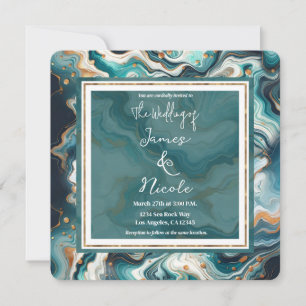 Convite Azul Teal Dourado Branco Moderno Casamento de Márm