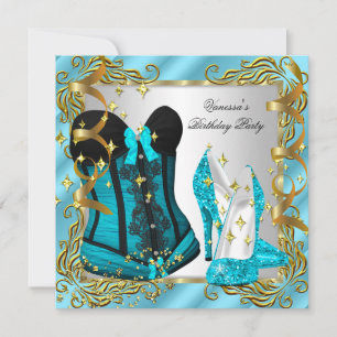 Convite Azul Teal Dourado Prata Espartilho Salto Alto Fest