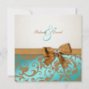 Convite Azul Teal e Damasco Caramel com arco de diamante