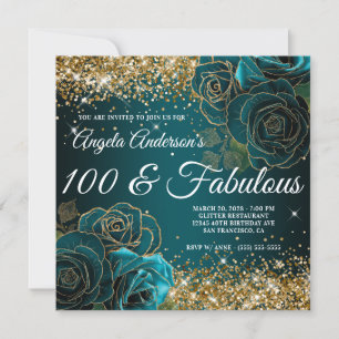 Convite Azul Teal Floral Dourado Brilho Glam 100 & Fabulos