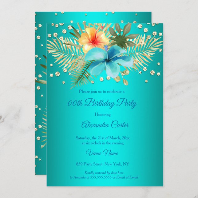 Convite Azul Teal Palmeiras de ouro Amarelo floral Anivers (Frente/Verso)