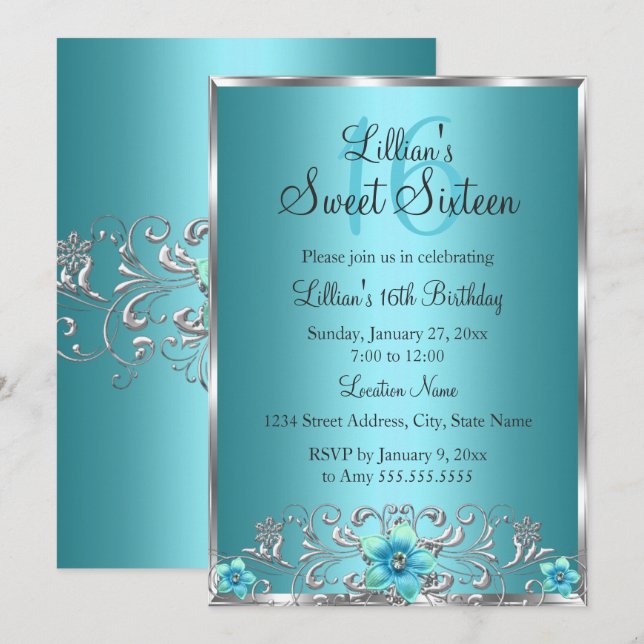 Convite Azul Teal Prata Floral Swirl Sweet 16 (Frente/Verso)
