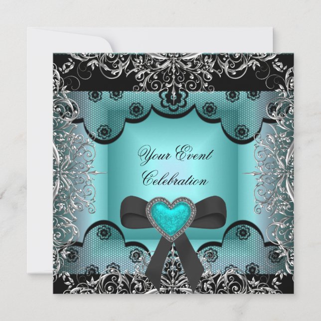 Convite Azul Teal Prata Preto Renda Elegante Festa (Frente)