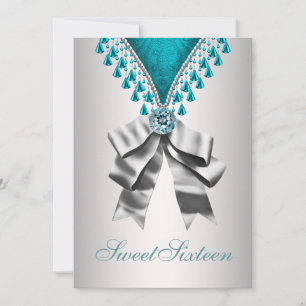 Convite Azul-Teal-Prateado Doce Dezesseis Festas de aniver