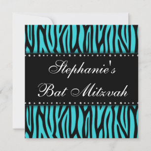 Convite Azul-Teal Zebra Impresso Diamantes Bat Mitzvah