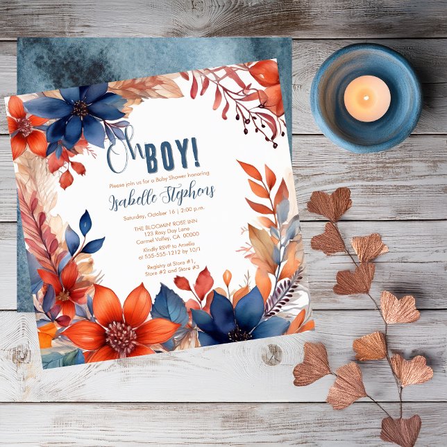 Convite Azul | Terracotta Oh Boy Fall Chá de fraldas Flora (Boho Blue and Terracotta Fall |  Autumn Floral "Oh Boy!" Baby Shower Square Invitation)