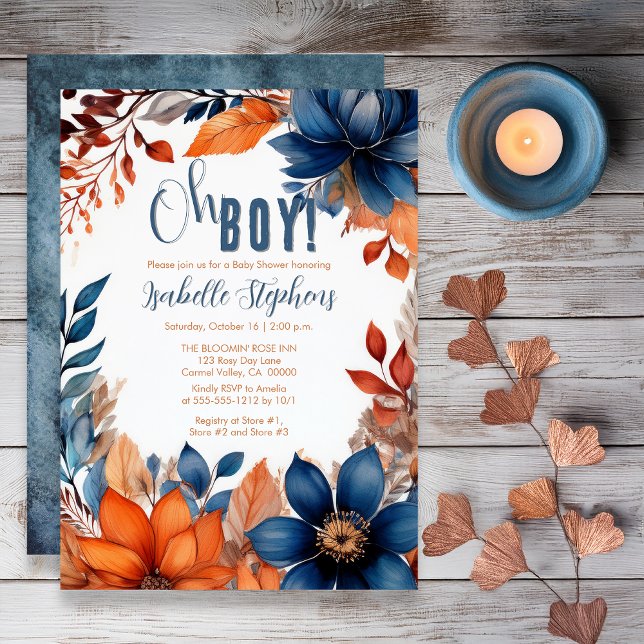 Convite Azul | Terracotta Oh Boy Fall Chá de fraldas Flora (Boho Blue and Terracotta Fall |  Autumn Floral "Oh Boy!" Baby Shower Invitation - Print | Digital)
