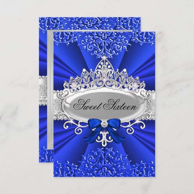 Convite Azul Tiara & Damask Doce Festa Sessenta (Frente/Verso)