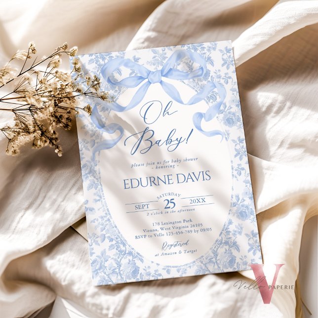 Convite Azul Toile de Juoy Laço Chinesice Chá de Bebê (Criador carregado)