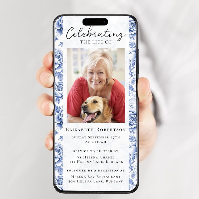 Convite Azul Toile Floral Foto Funeral Evento Digital (Criador carregado)