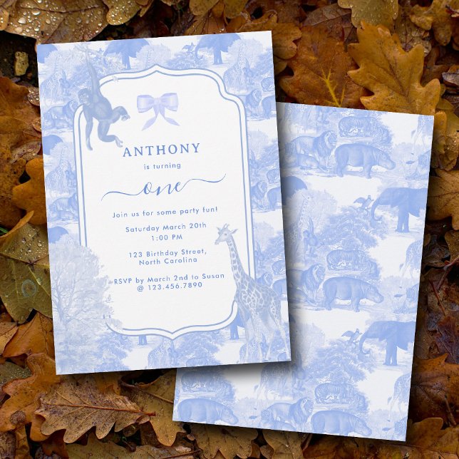Convite Azul Toile Safari Animais Chinoiserie Aniversário (Blue Toile Safari Animals Chinoiserie Boy Birthday Invitation)