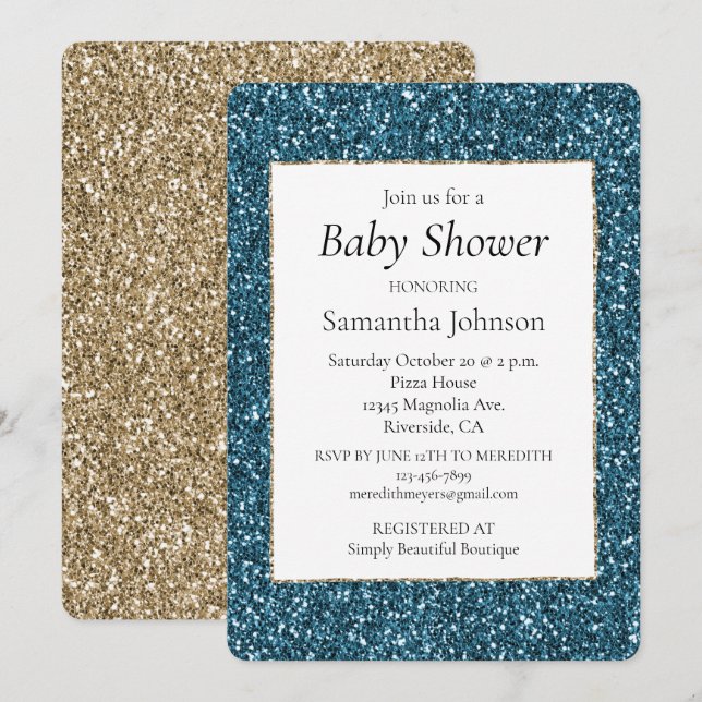 Convite Azul Turquesa Brilho Baby Shower (Frente/Verso)