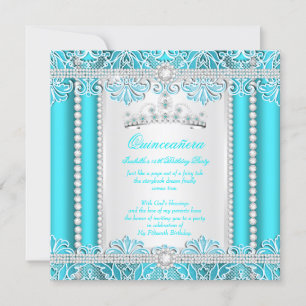 Convite Azul Turquesa com Renda Princesa Quinceanera Diama