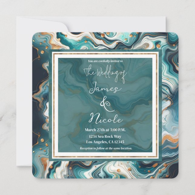 Convite Azul Turquesa Dourado Branco Moderno Casamento de  (Frente)