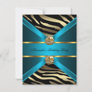 Convite Azul Turquesa Dourado Elegante Zebra Preto Festa d