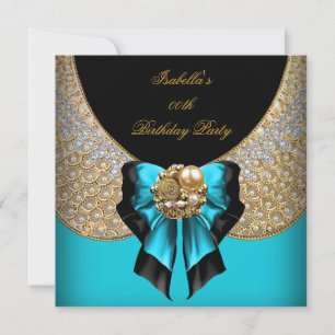 Convite Azul Turquesa Dourado Preto Festa de Aniversário E